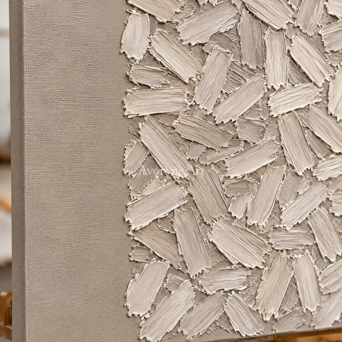 Close-up of the hand-painted texture of Quiet Passage relief mosaic wall art on an easel