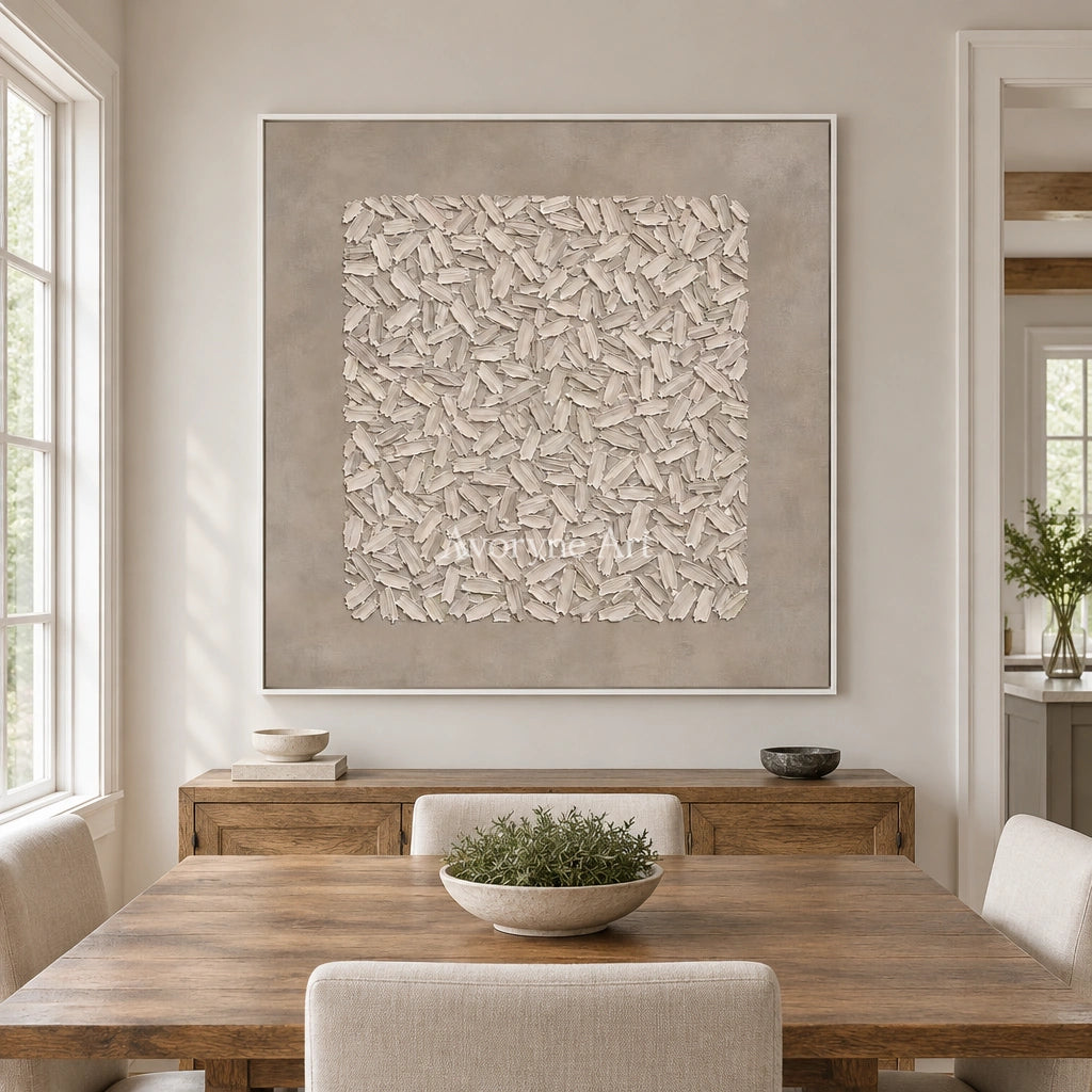 Quiet Passage relief mosaic wall art with a white frame in a dining room