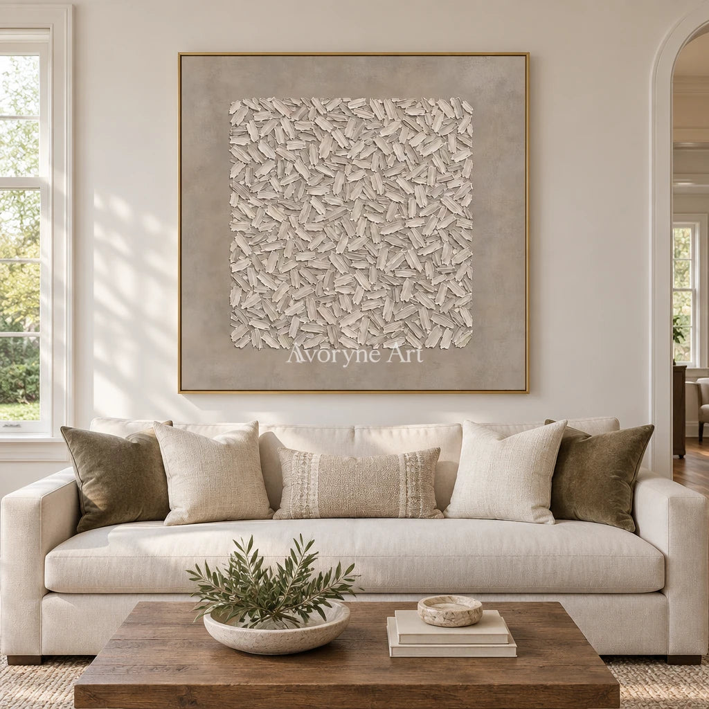 Quiet Passage relief mosaic wall art with a gold frame hanging in a living room