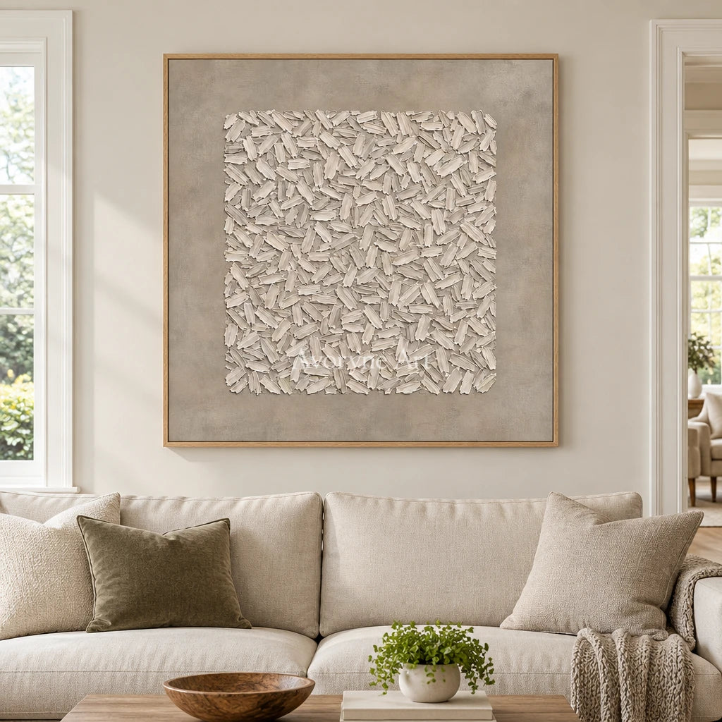 Quiet Passage relief mosaic wall art with a wood frame in a villa living space