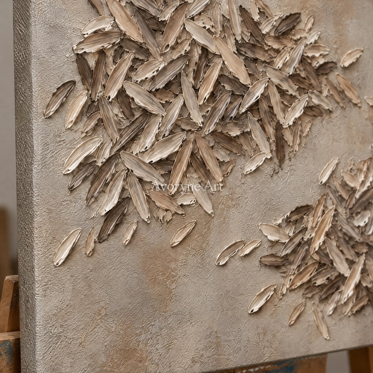 Close-up of the hand-painted texture of Quiet Reverie relief mosaic wall art on an easel