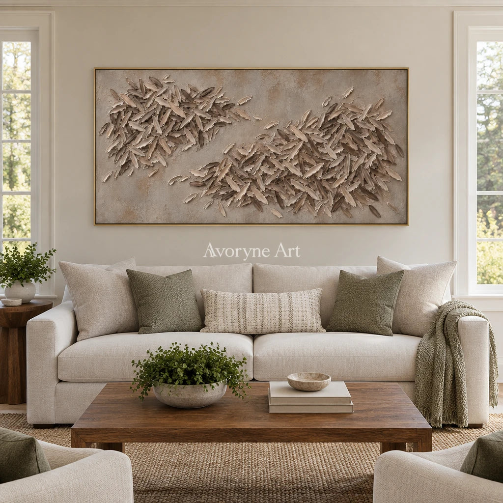 Quiet Reverie relief mosaic wall art with a gold frame hanging in a living room