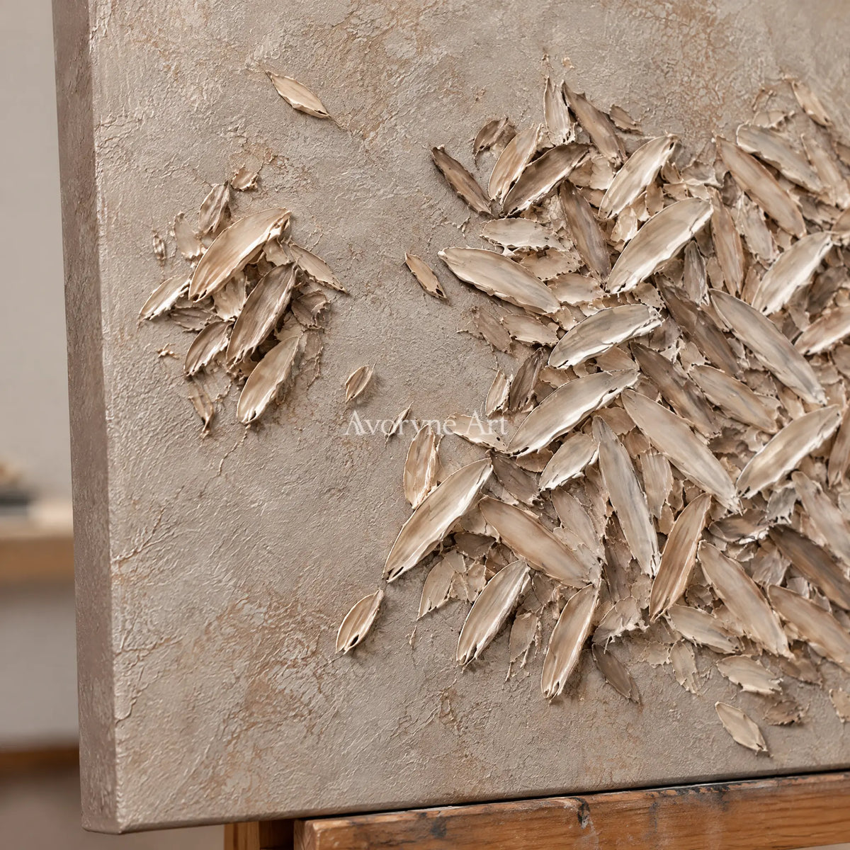 Close-up of the hand-painted texture of Quiet Interval relief mosaic wall art on an easel