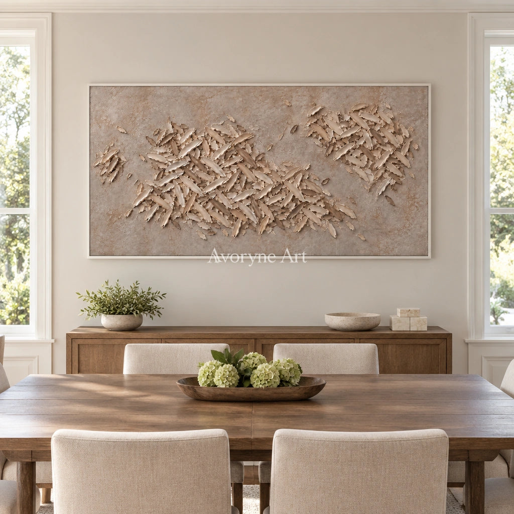 Quiet Interval relief mosaic wall art with a white frame in a dining room