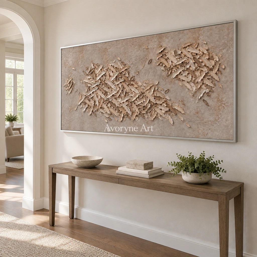 Quiet Interval relief mosaic wall art with a silver frame in an entryway