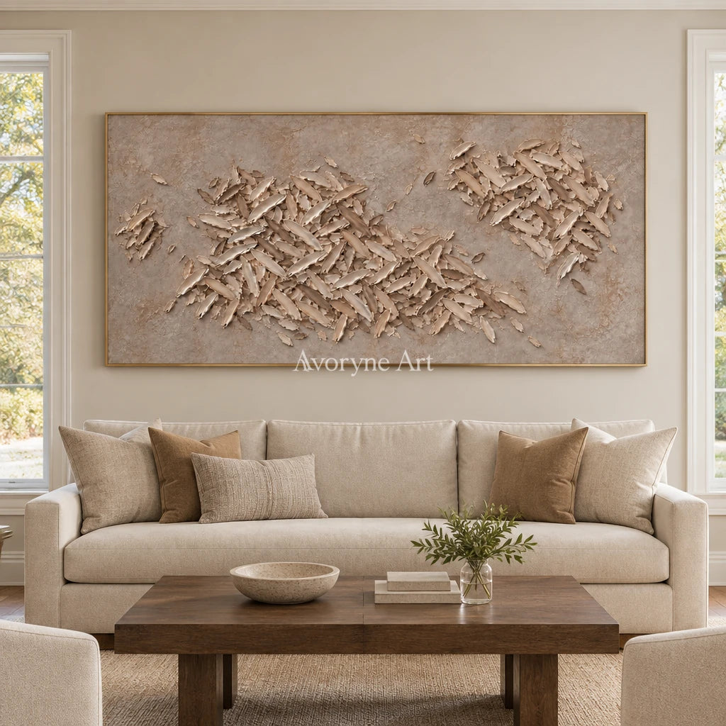 Quiet Interval relief mosaic wall art with a gold frame hanging in a living room