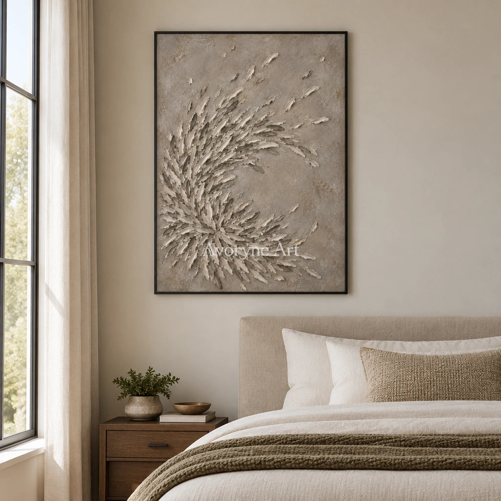 Quiet Echo relief mosaic wall art with a black frame above a bed in a bedroom