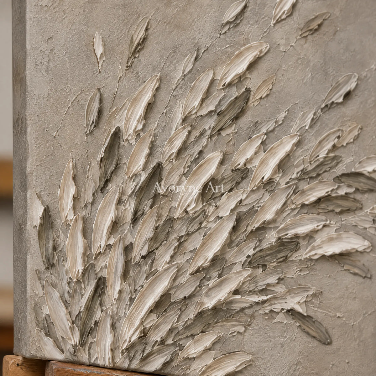 Close-up of the hand-painted texture of Quiet Echo relief mosaic wall art on an easel