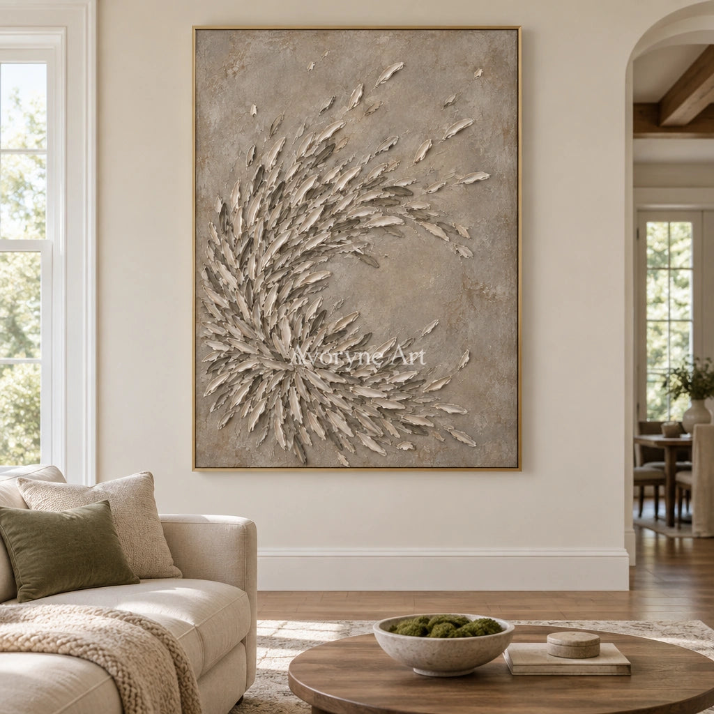 Quiet Echo relief mosaic wall art with a gold frame hanging in a living room