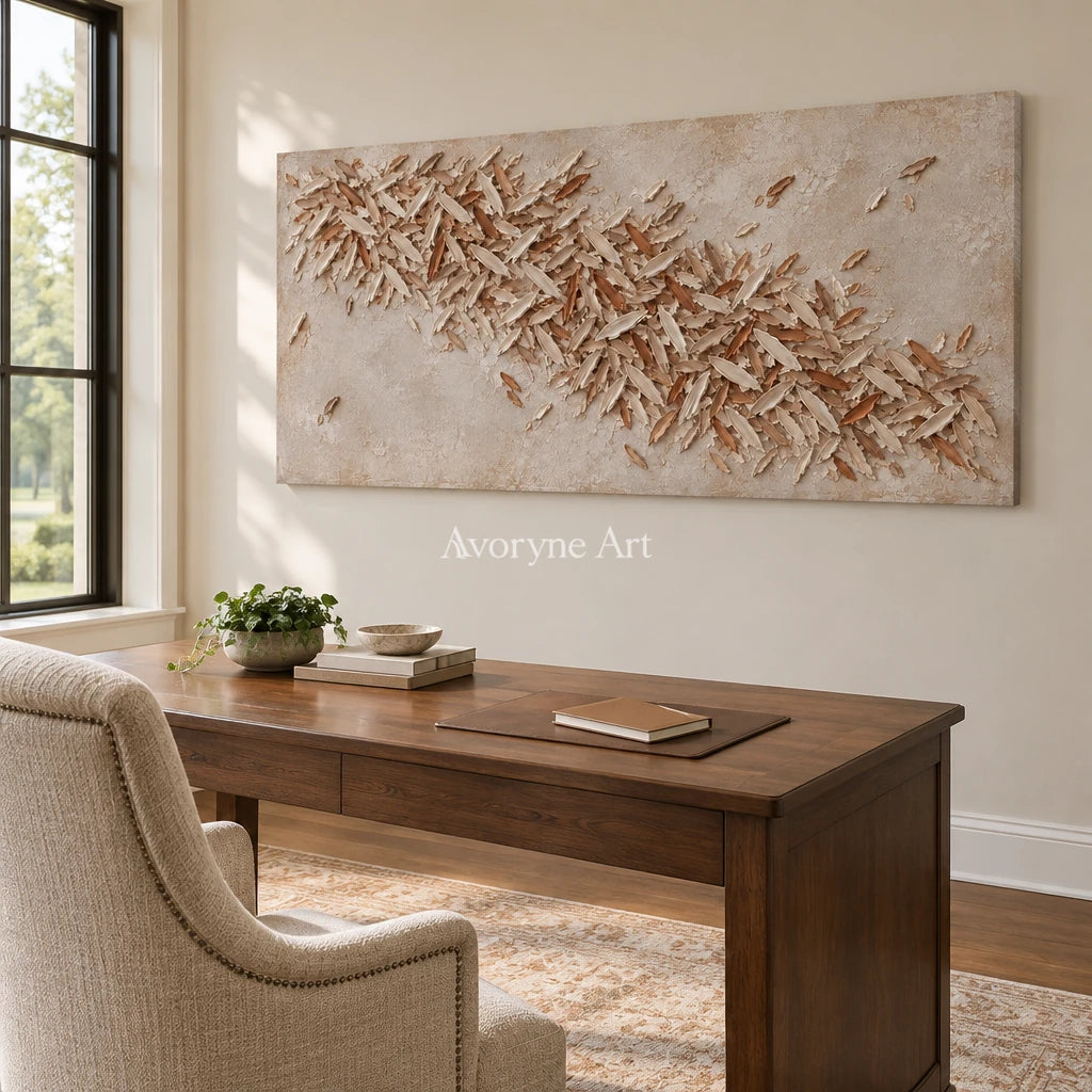 Quiet Rhythm relief mosaic wall art as a frameless stretched canvas in a home office