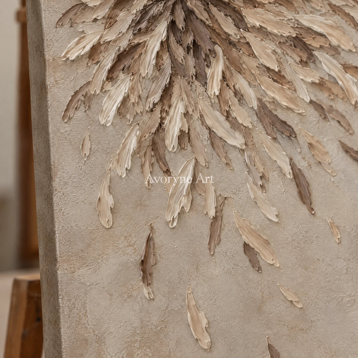 Close-up of the hand-painted texture of Quiet Mosaic relief mosaic wall art on an easel