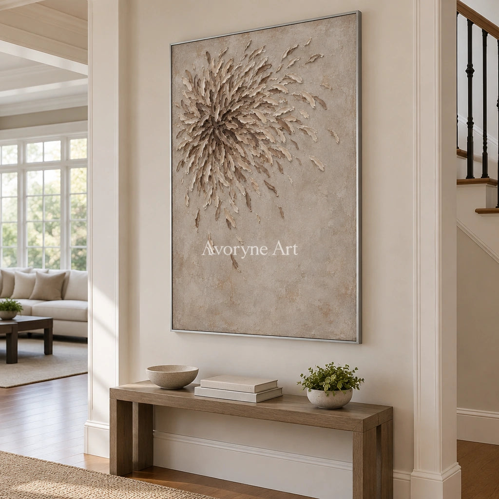 Quiet Mosaic relief mosaic wall art with a silver frame in an entryway