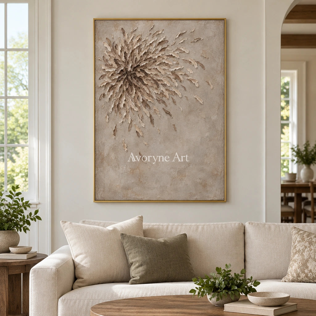 Quiet Mosaic relief mosaic wall art with a gold frame hanging in a living room