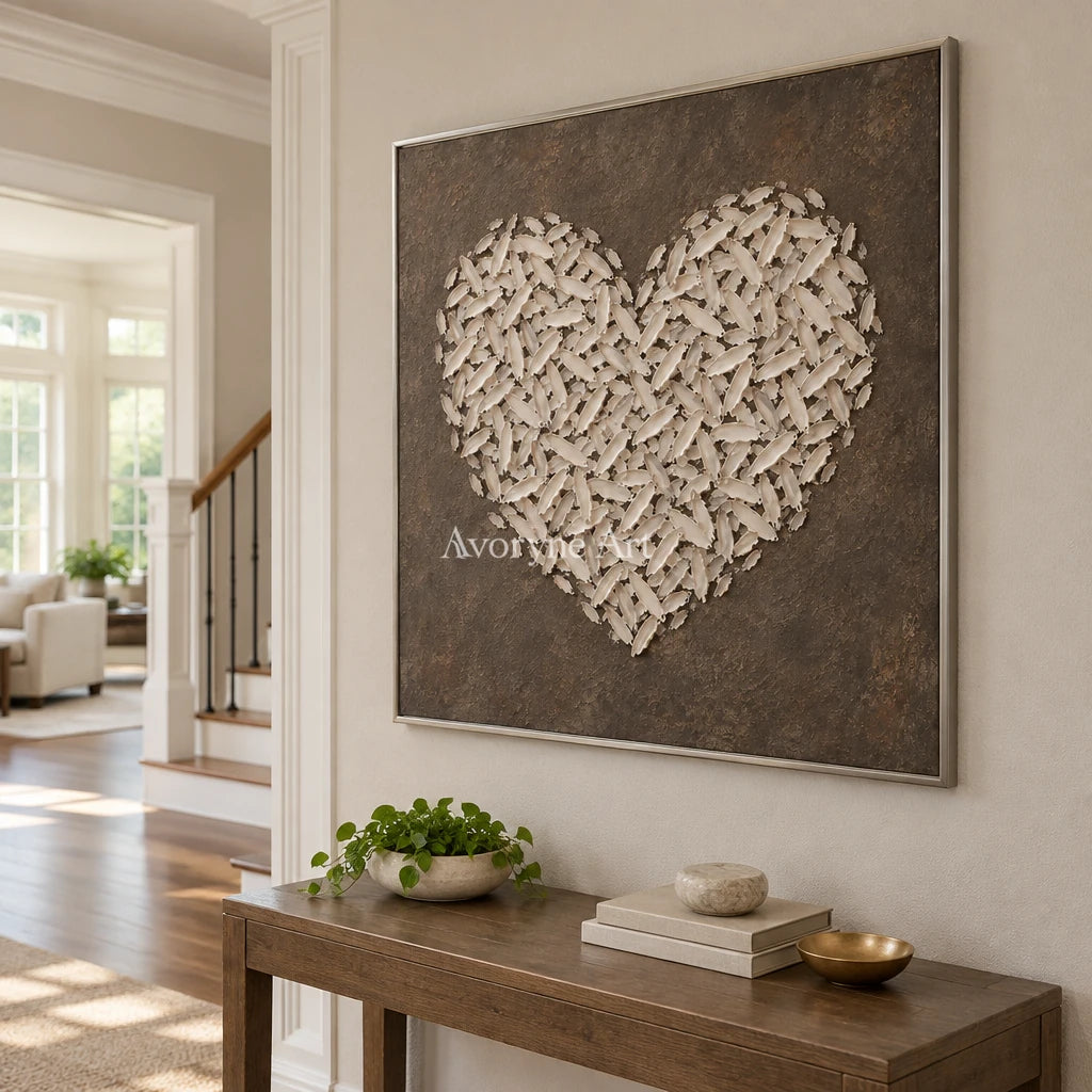Quiet Verse relief mosaic wall art with a silver frame in an entryway