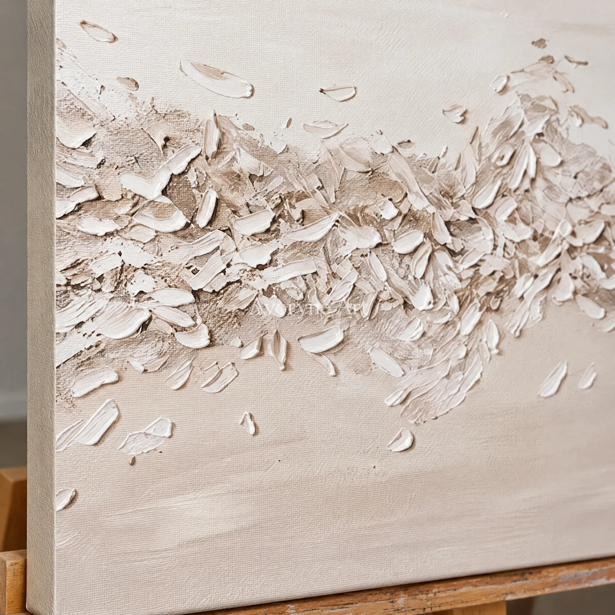 Close-up of the hand-painted texture of Quiet Reverberation relief mosaic wall art on an easel