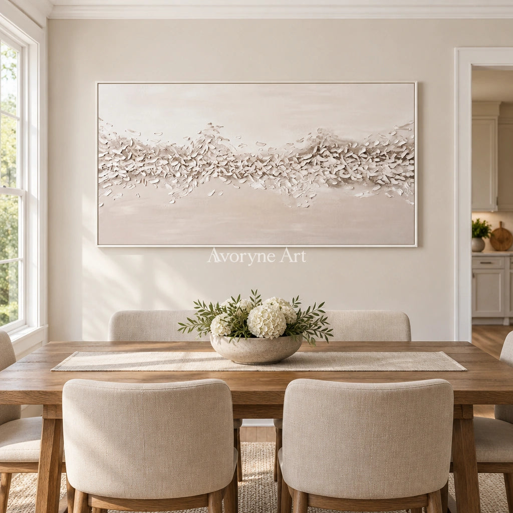 Quiet Reverberation relief mosaic wall art with a white frame in a dining room
