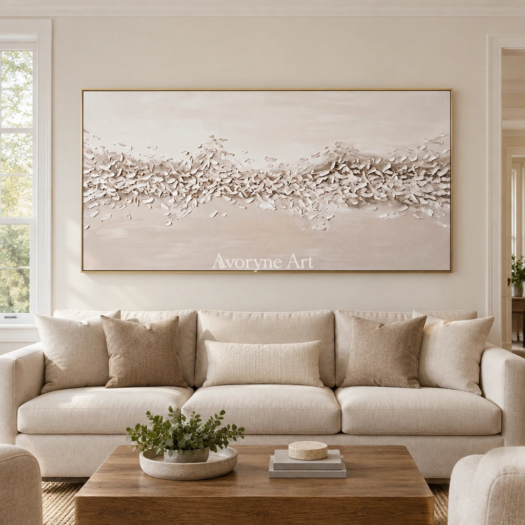 Quiet Reverberation relief mosaic wall art with a gold frame hanging in a living room
