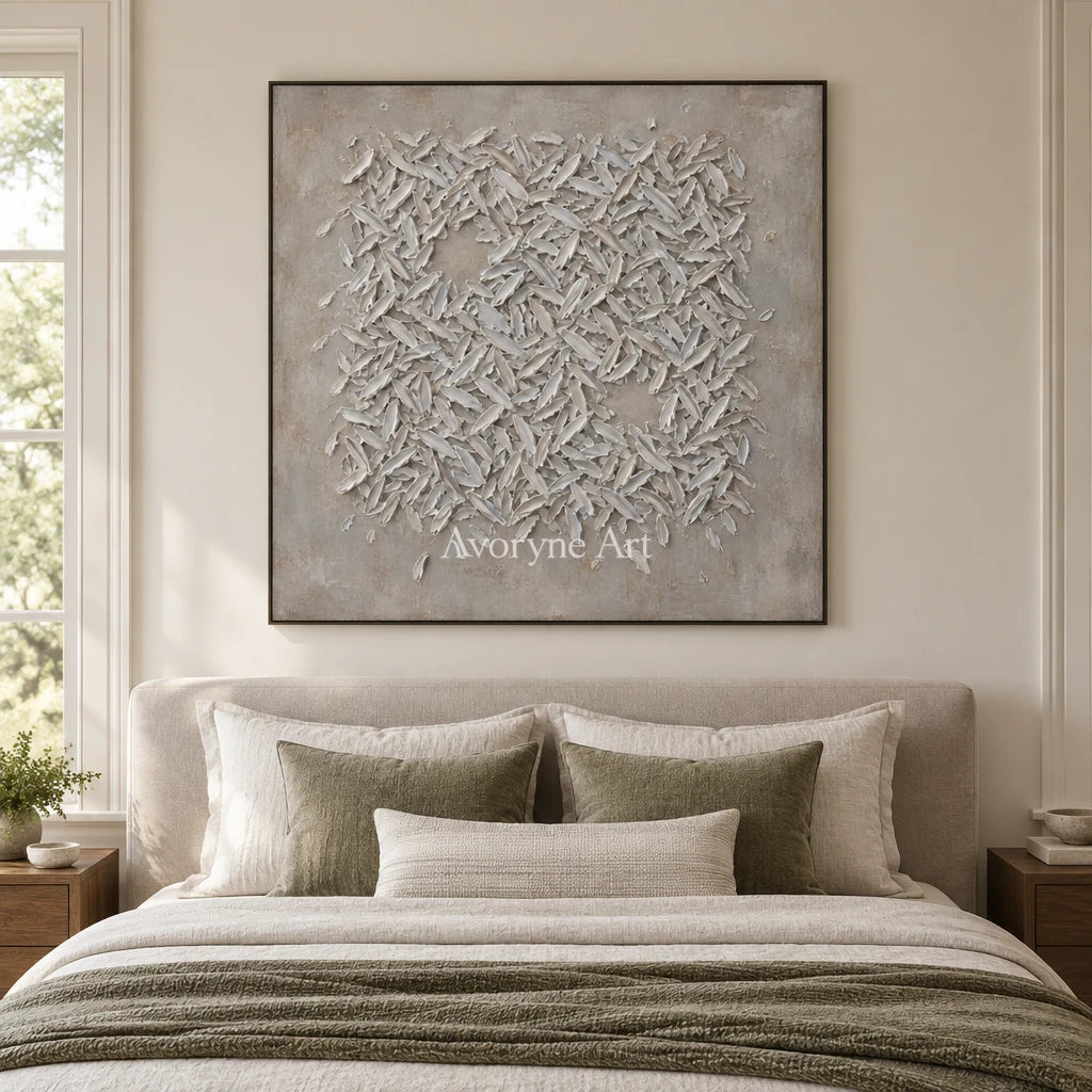 Amber Passage relief mosaic wall art with a black frame above a bed in a bedroom
