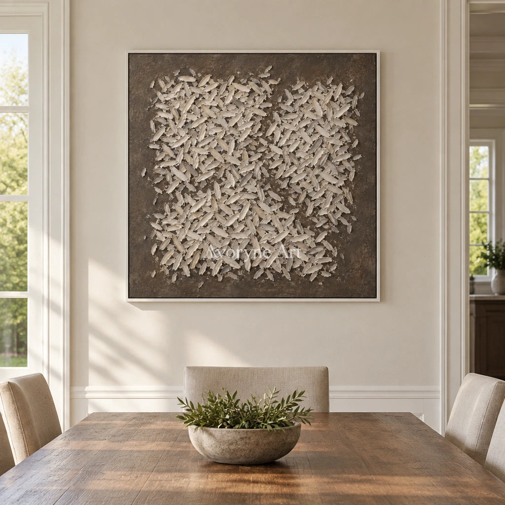 Amber Interval relief mosaic wall art with a white frame in a dining room