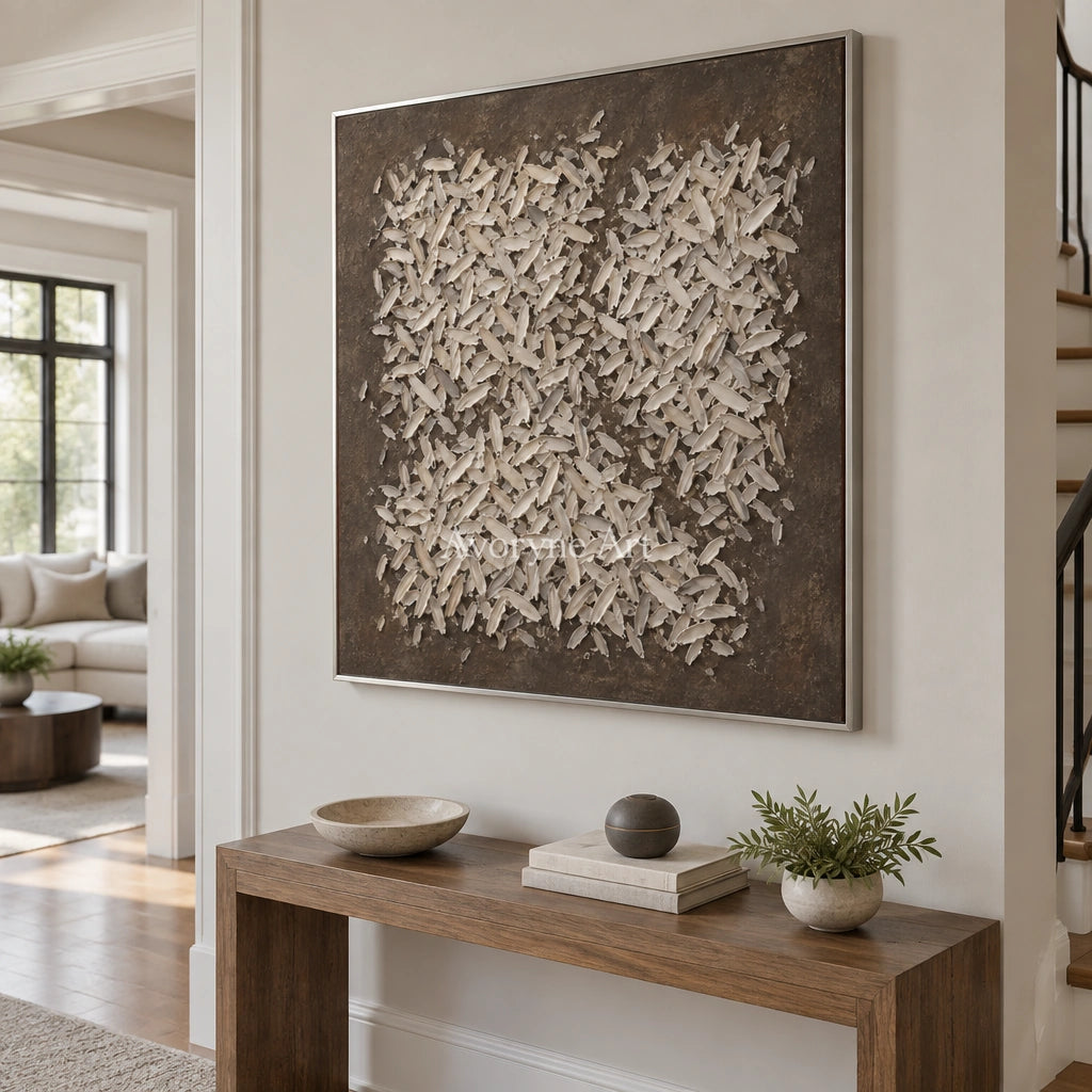 Amber Interval relief mosaic wall art with a silver frame in an entryway