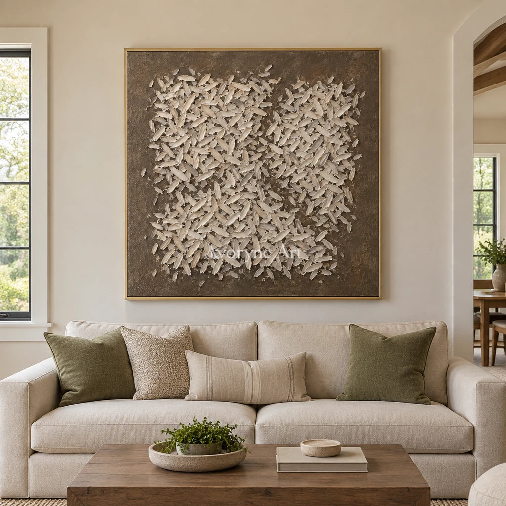 Amber Interval relief mosaic wall art with a gold frame hanging in a living room