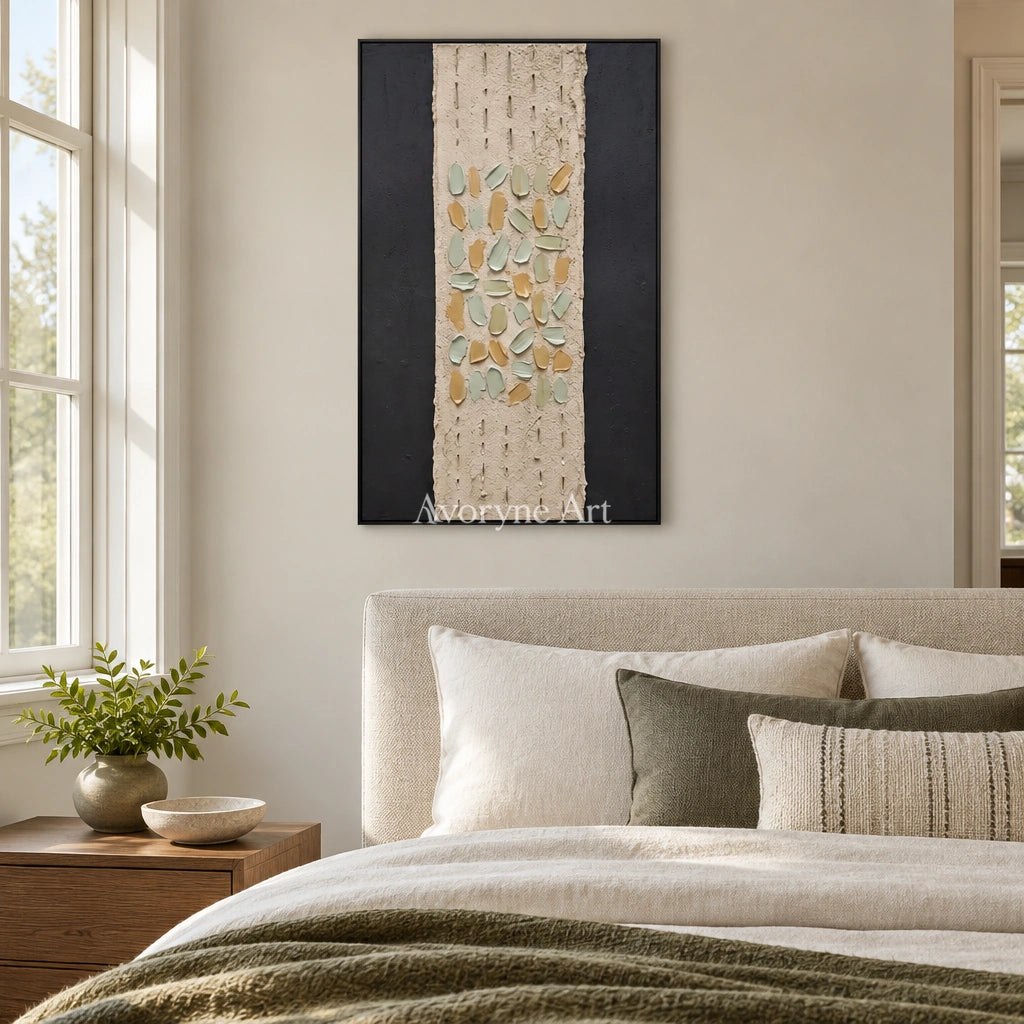 Soft Rhythm relief mosaic wall art with a black frame above a bed in a bedroom