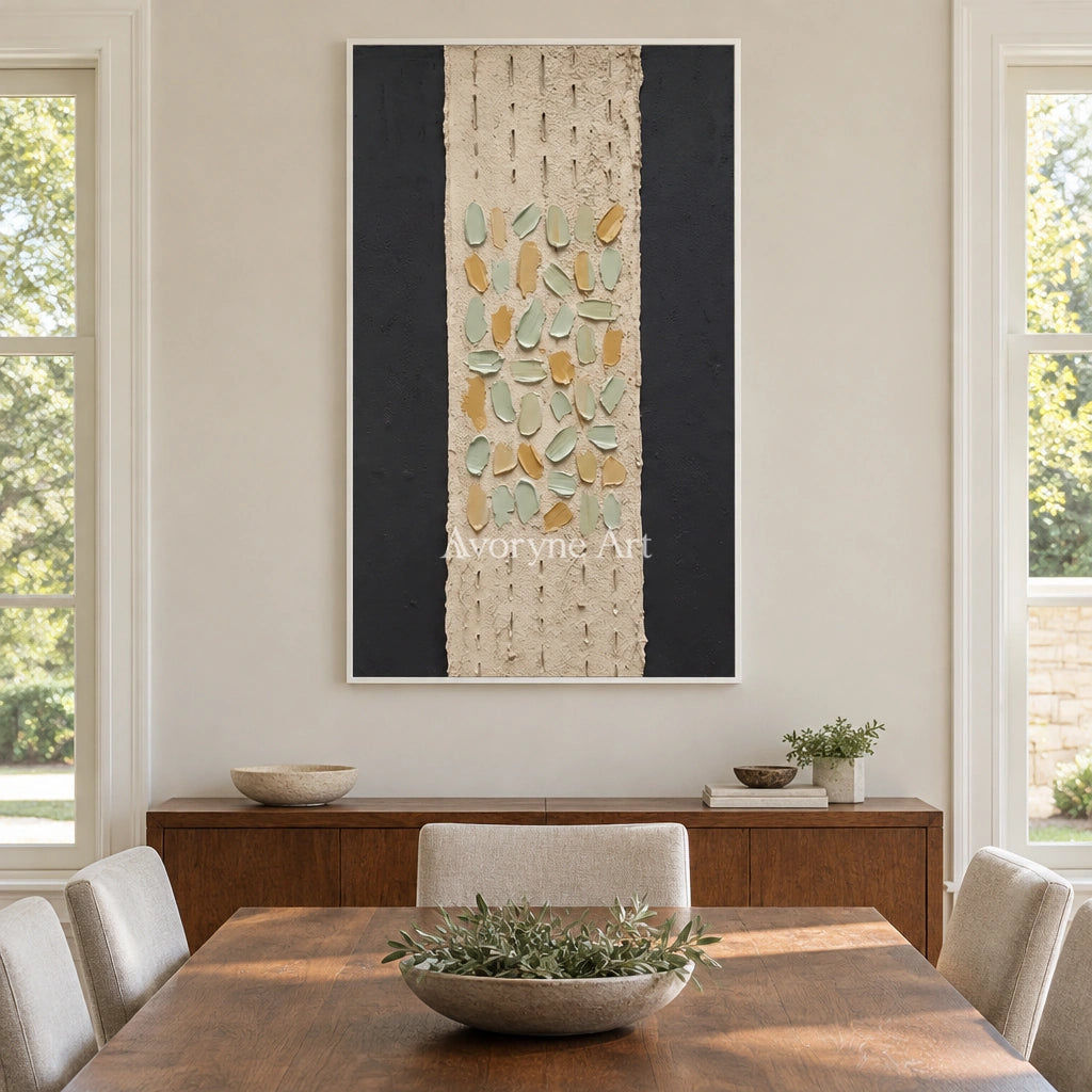 Soft Rhythm relief mosaic wall art with a white frame in a dining room