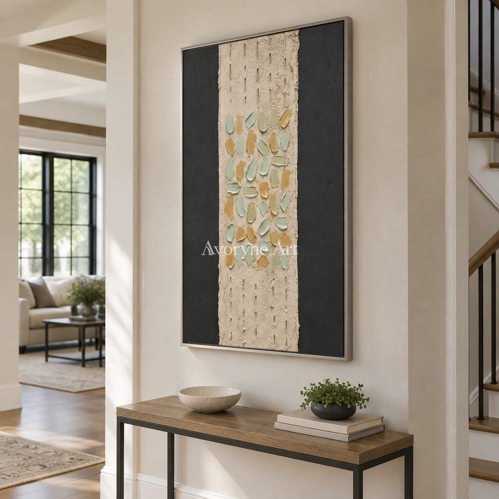 Soft Rhythm relief mosaic wall art with a silver frame in an entryway