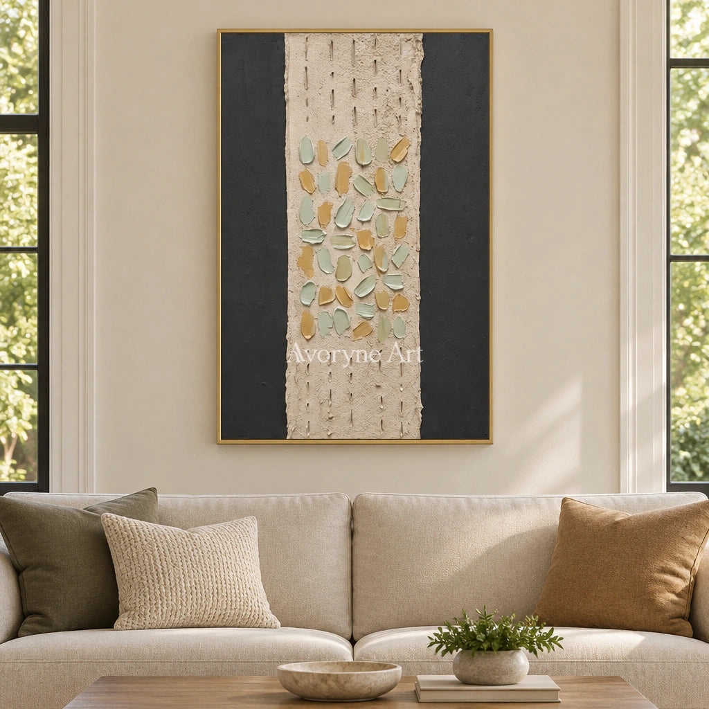 Soft Rhythm relief mosaic wall art with a gold frame hanging in a living room