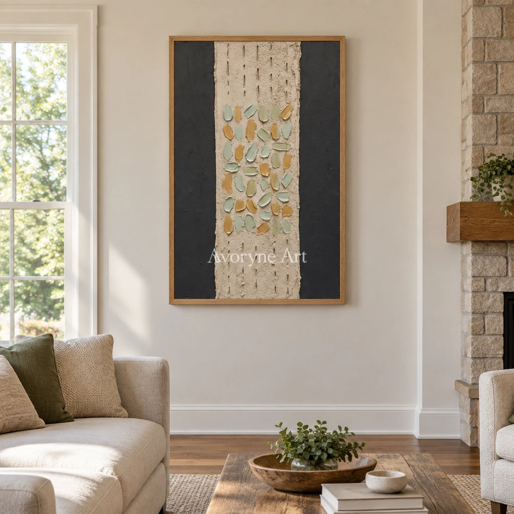 Soft Rhythm relief mosaic wall art with a wood frame in a villa living space