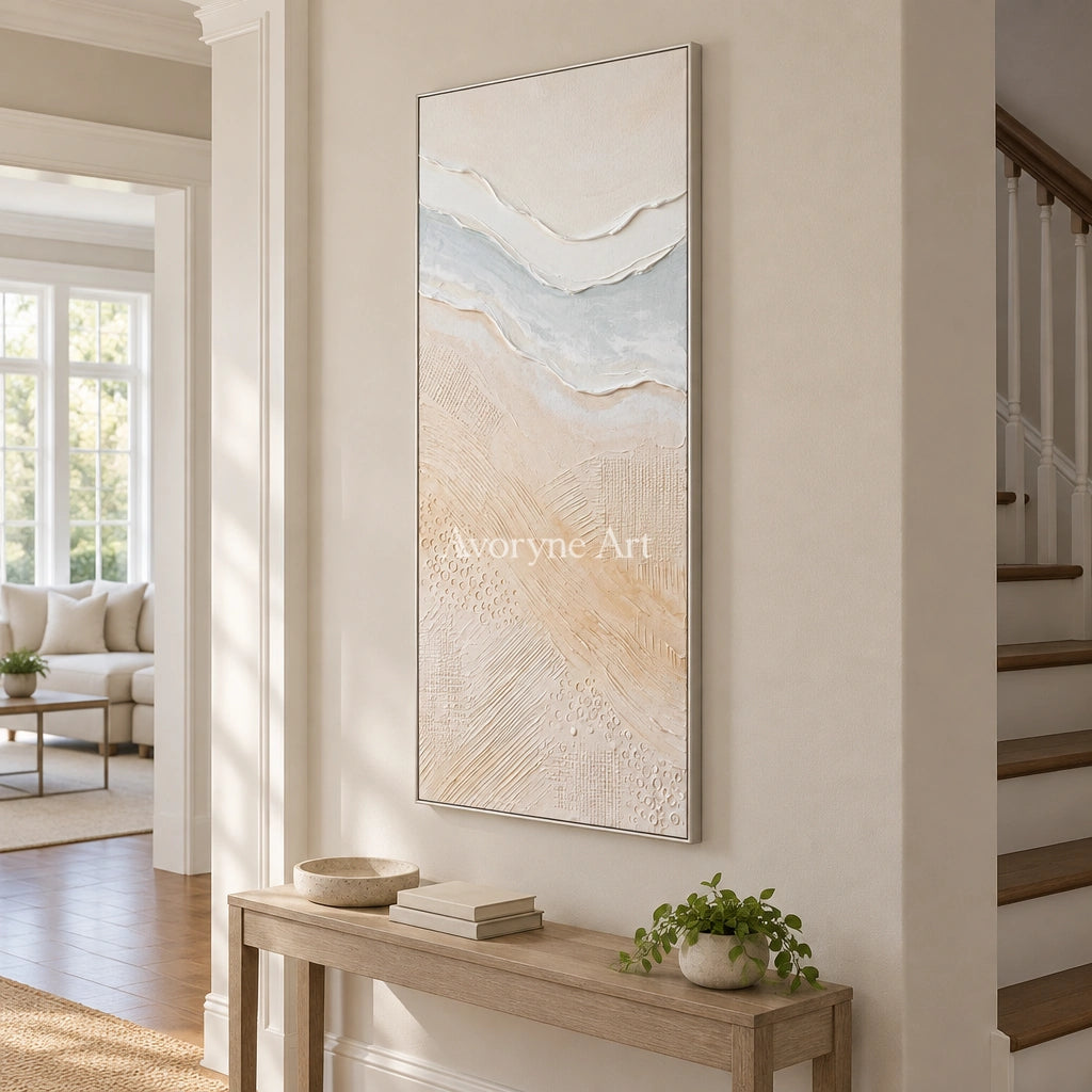 Quiet Trace ripple relief wall art with a silver frame in an entryway
