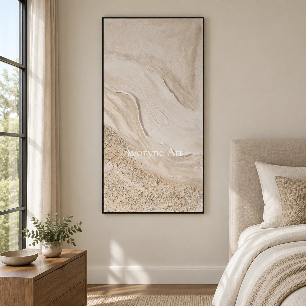 Quiet Story ripple relief wall art with a black frame above a bed in a bedroom