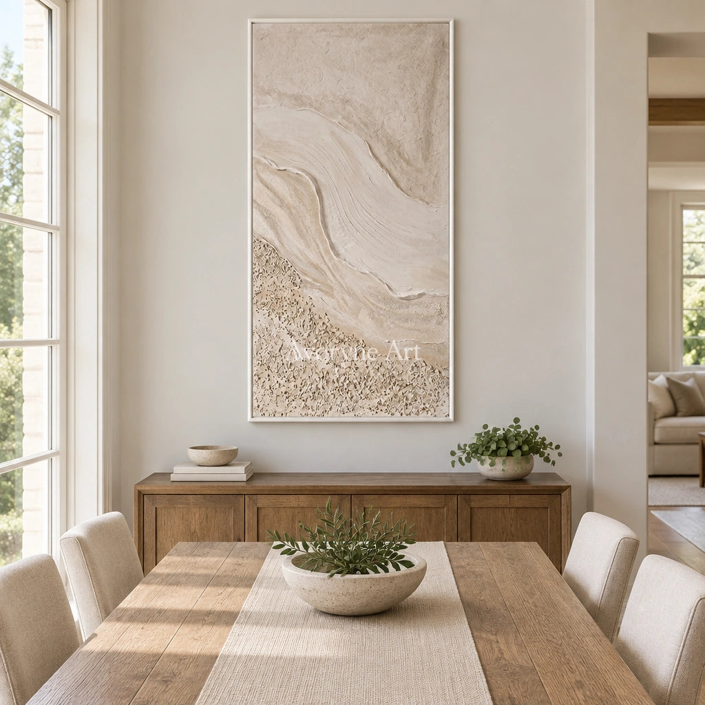 Quiet Story ripple relief wall art with a white frame in a dining room