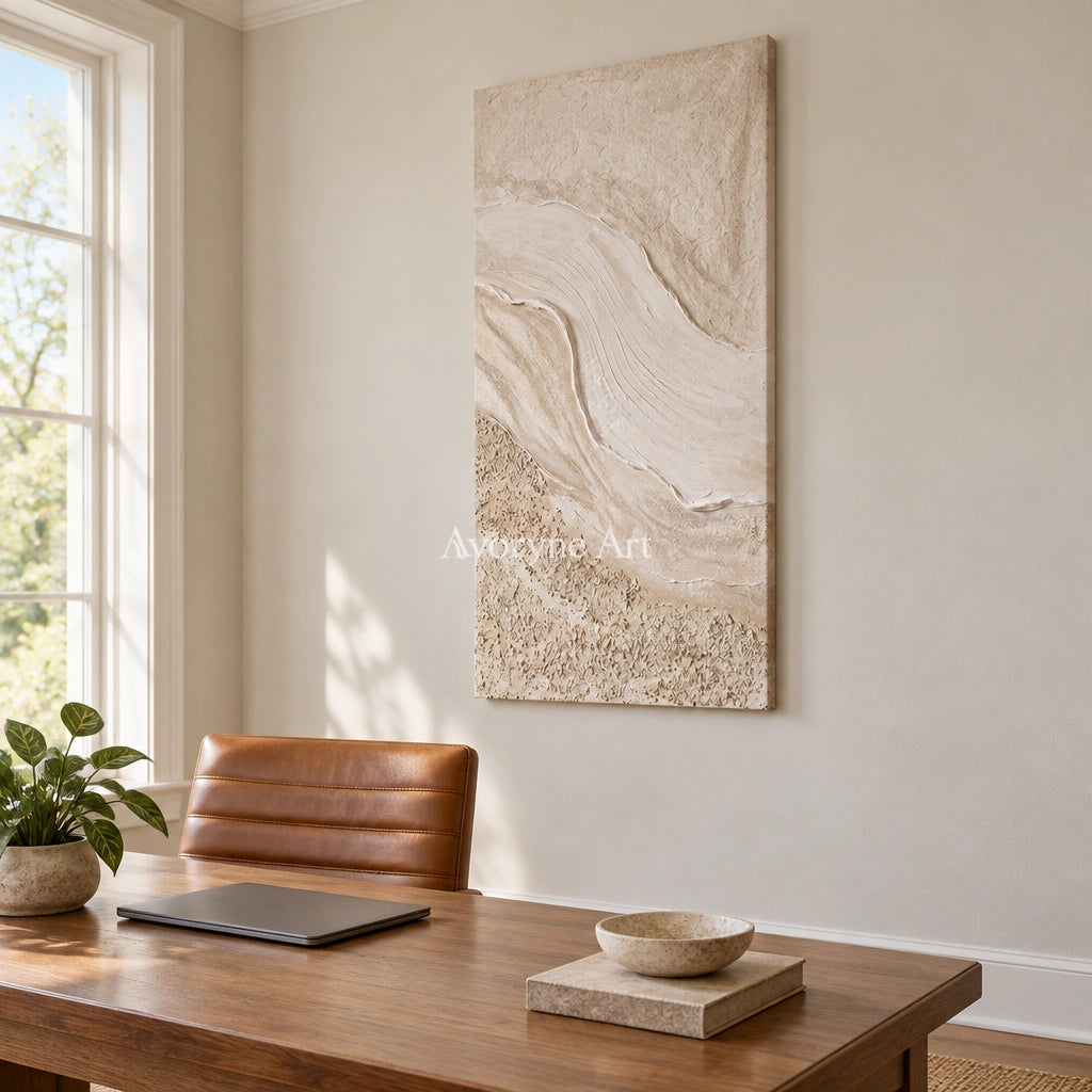 Quiet Story ripple relief wall art as a frameless stretched canvas in a home office