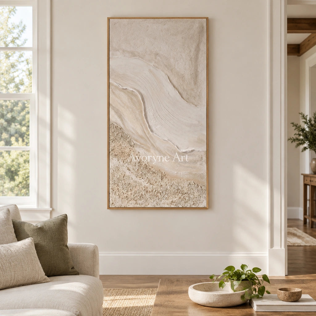 Quiet Story ripple relief wall art with a wood frame in a villa living space