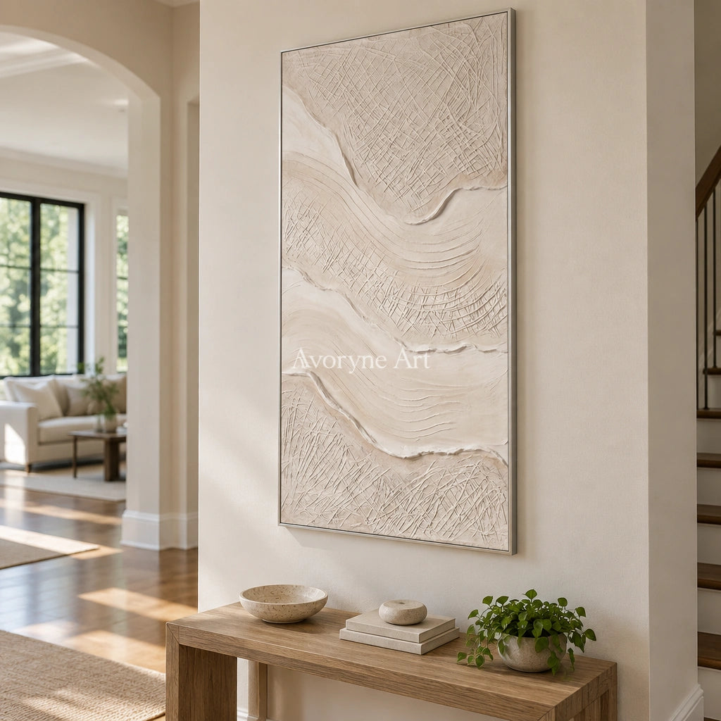 Quiet Vista ripple relief wall art with a silver frame in an entryway