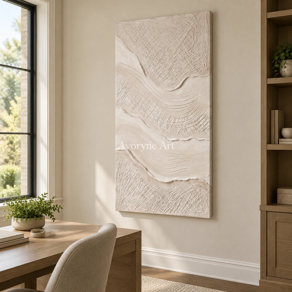 Quiet Vista ripple relief wall art as a frameless stretched canvas in a home office