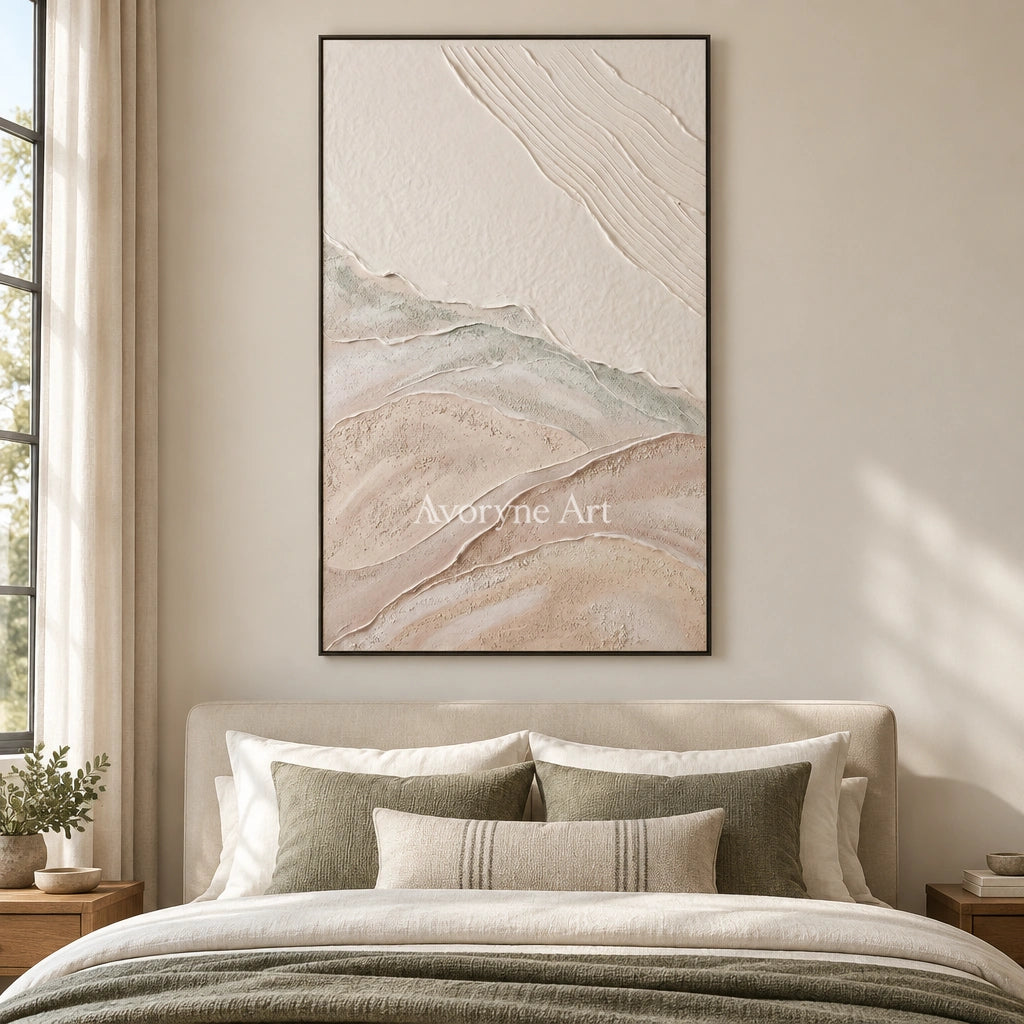 Quiet Current ripple relief wall art with a black frame above a bed in a bedroom