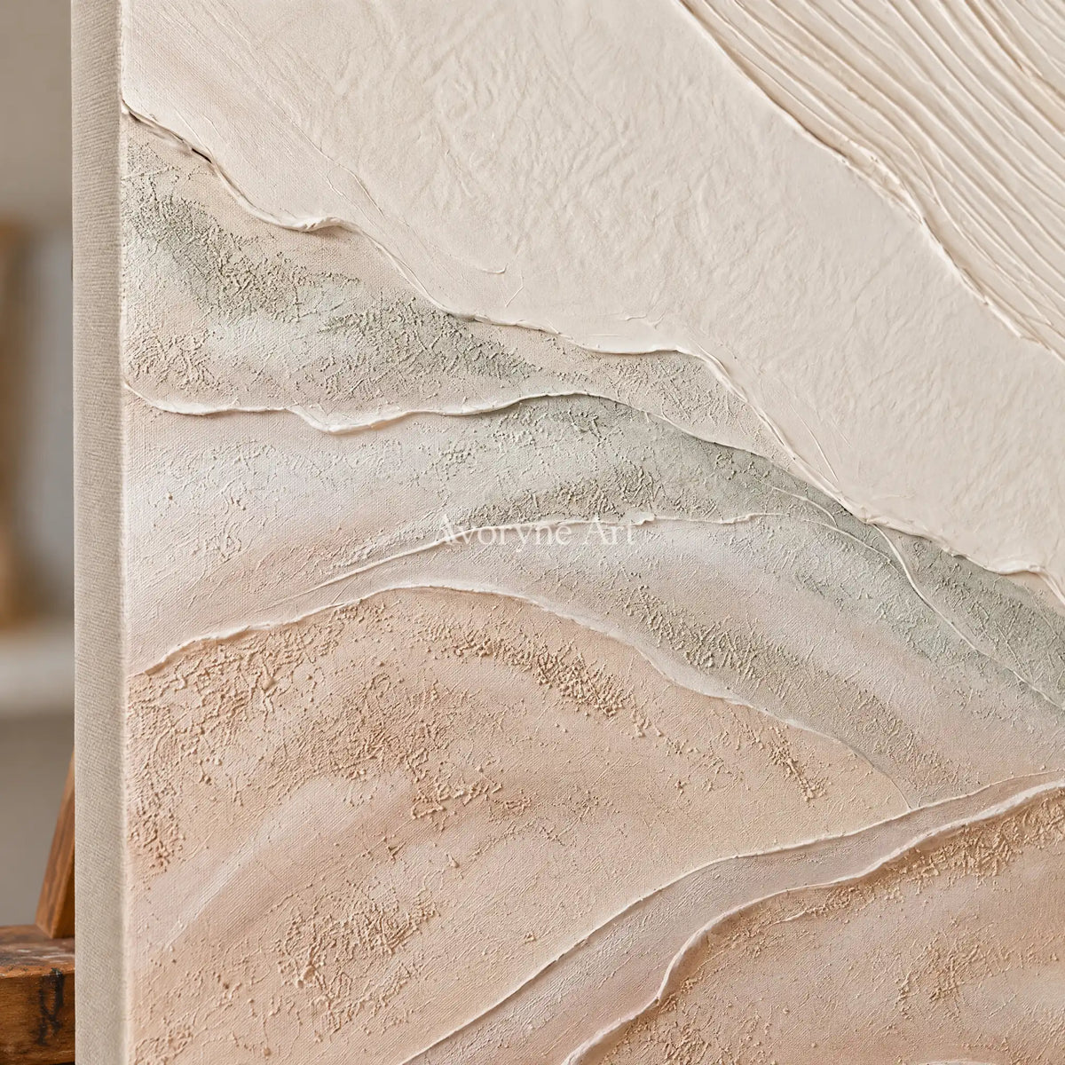 Close-up of the hand-painted texture of Quiet Current ripple relief wall art on an easel