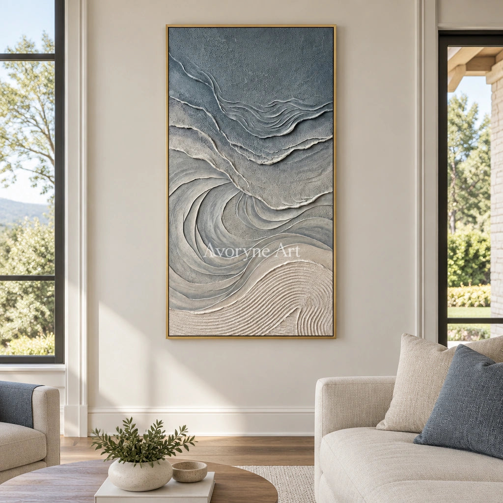 Quiet Dialogue ripple relief wall art with a gold frame hanging in a living room