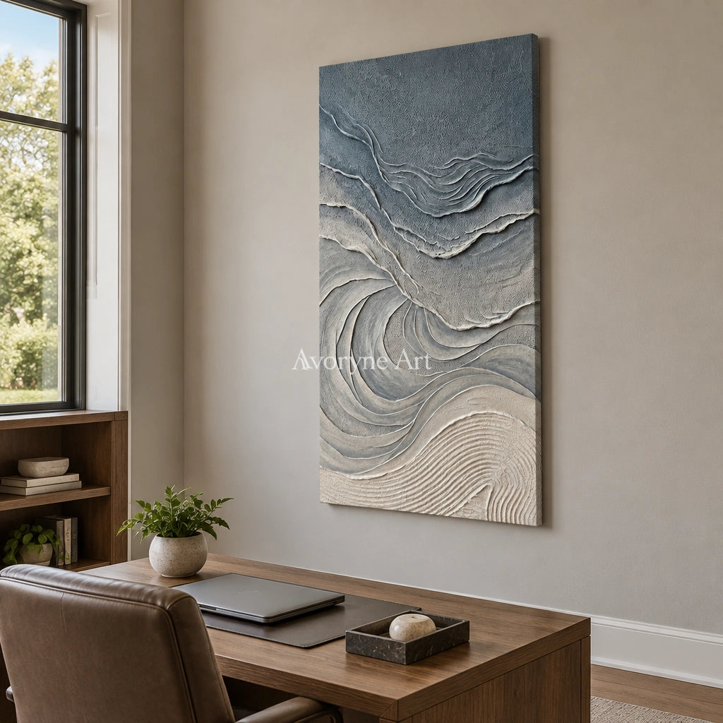 Quiet Dialogue ripple relief wall art as a frameless stretched canvas in a home office
