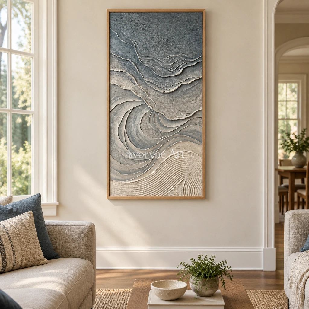 Quiet Dialogue ripple relief wall art with a wood frame in a villa living space