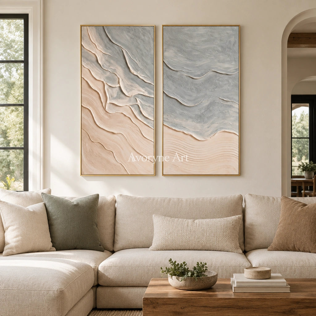 Quiet Solace ripple relief diptych with a gold frame hanging in a living room