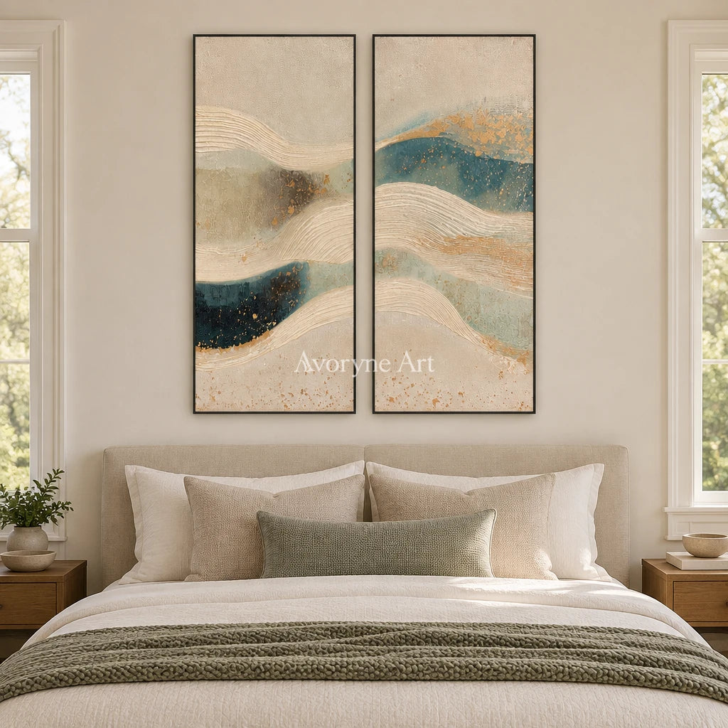 Amber Horizon ripple relief diptych with a black frame above a bed in a bedroom