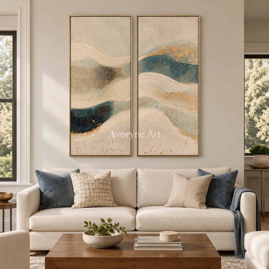 Amber Horizon ripple relief diptych with a gold frame hanging in a living room