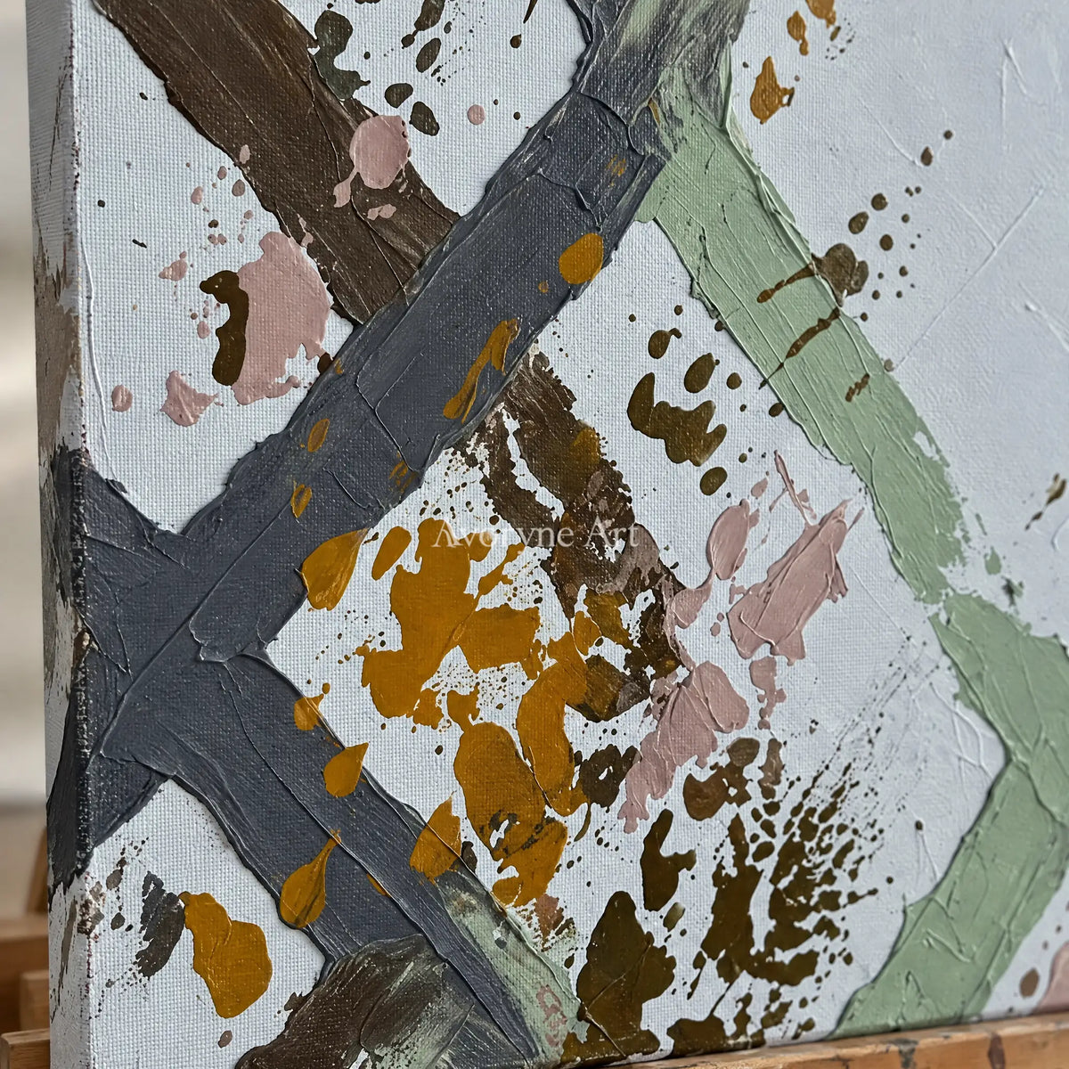 Close-up of the hand-painted texture of Weathered Cadence sage earth grid wall art on an easel