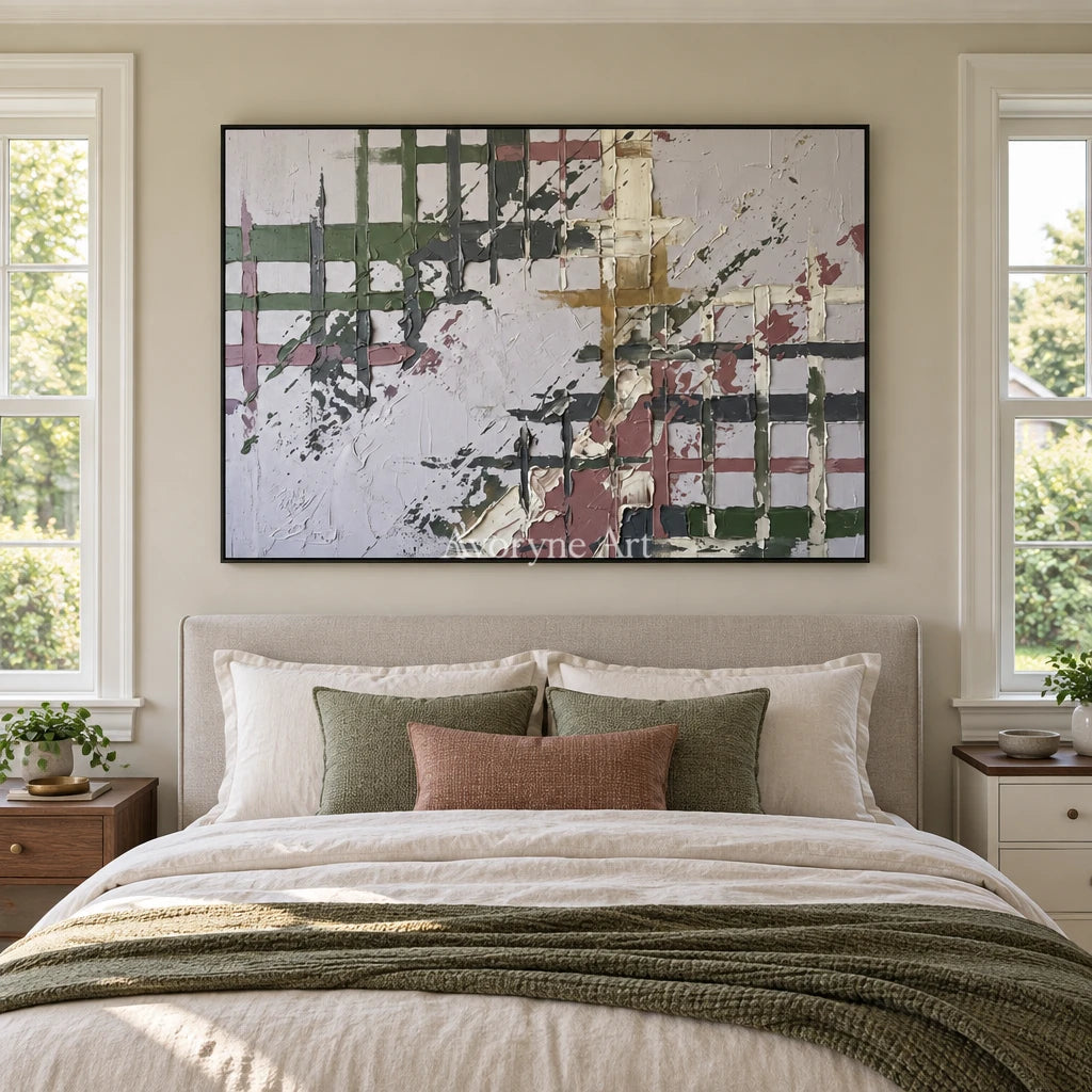 Weathered Gesture sage earth grid wall art with a black frame above a bed in a bedroom