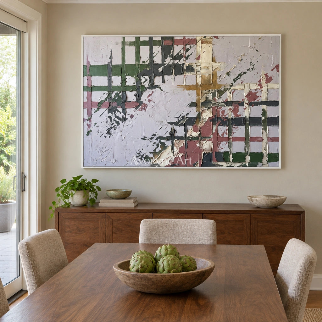 Weathered Gesture sage earth grid wall art with a white frame in a dining room