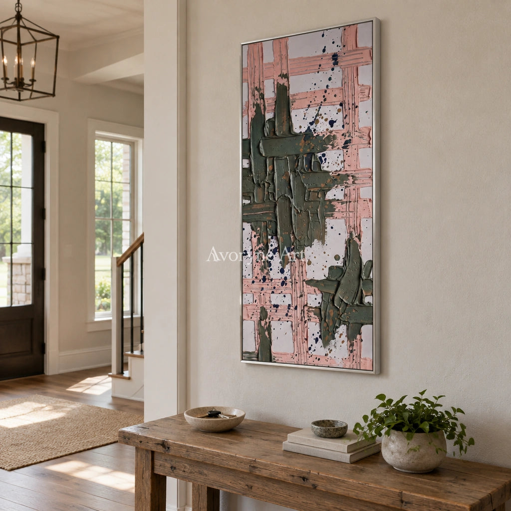 Weathered Memory sage earth grid wall art with a silver frame in an entryway