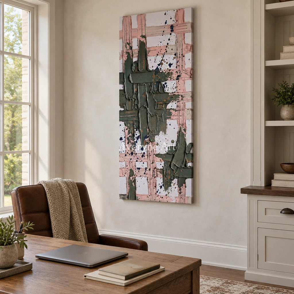 Weathered Memory sage earth grid wall art as a frameless stretched canvas in a home office